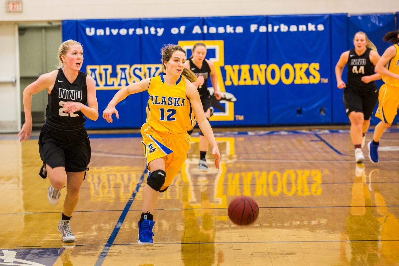Senior Jaylee Mays drives toward the lane during a game against Northwest Nazarene University on Thursday, Jan. 12, 2017, at the Alaska Airlines Court in the Patty Center.
