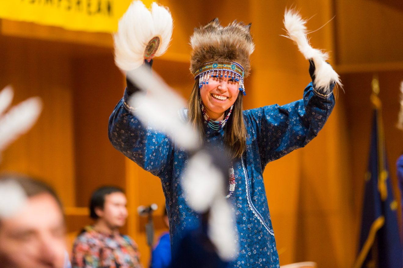 Wildlife and conservation biology student Roberta Walker, from Unalakleet, dances with other members the Iñu-Yupiaq Dance Group during the 2017 Festival of Native Arts at the Davis Concert Hall.