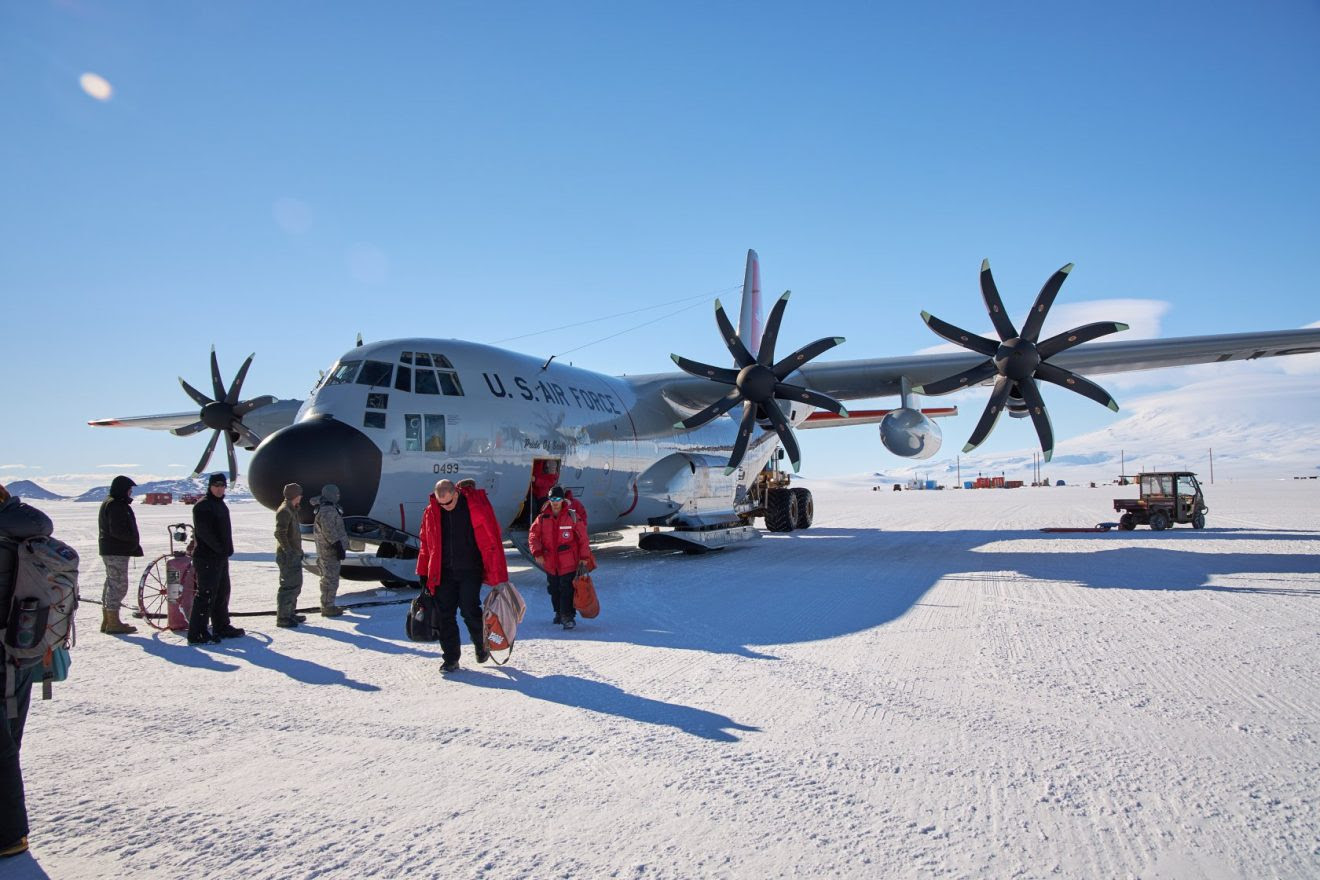 Passengers deplaning in Antarctica