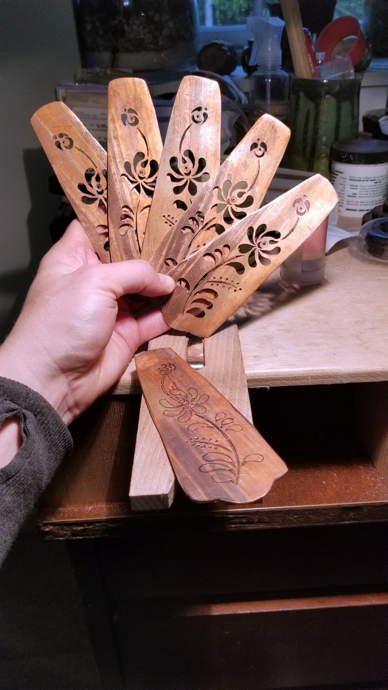 Christen Bouffard displays in-progress copper cake servers that she is making for her metalworking business. Christen Bouffard photo