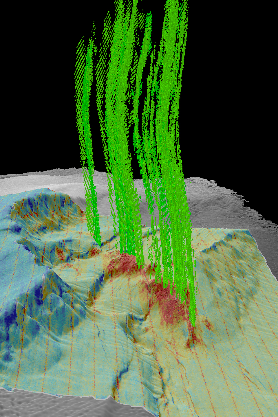 Map of the seafloor and bubble streams rising from seeps. Multibeam echo sounder data collected from a survey ship show the seafloor topography (gray). Seafloor colors are based on the intensity of the echo return, or backscatter, and show where the seafloor is hard/rough (warm colors) or soft/smooth (cool colors). Most of the seafloor is covered by soft sediment, but around seeps the seafloor is often hard due to chemosynthetic mussel beds and from carbonate rock that precipitates from methane reacting with seawater (bright red areas). Multibeam echo sounders can also see anomalies in the water above the seafloor, such as these gas bubble plumes (green) issuing from seafloor seeps. The red lines are artifacts in the backscatter data that follow the ship’s track.