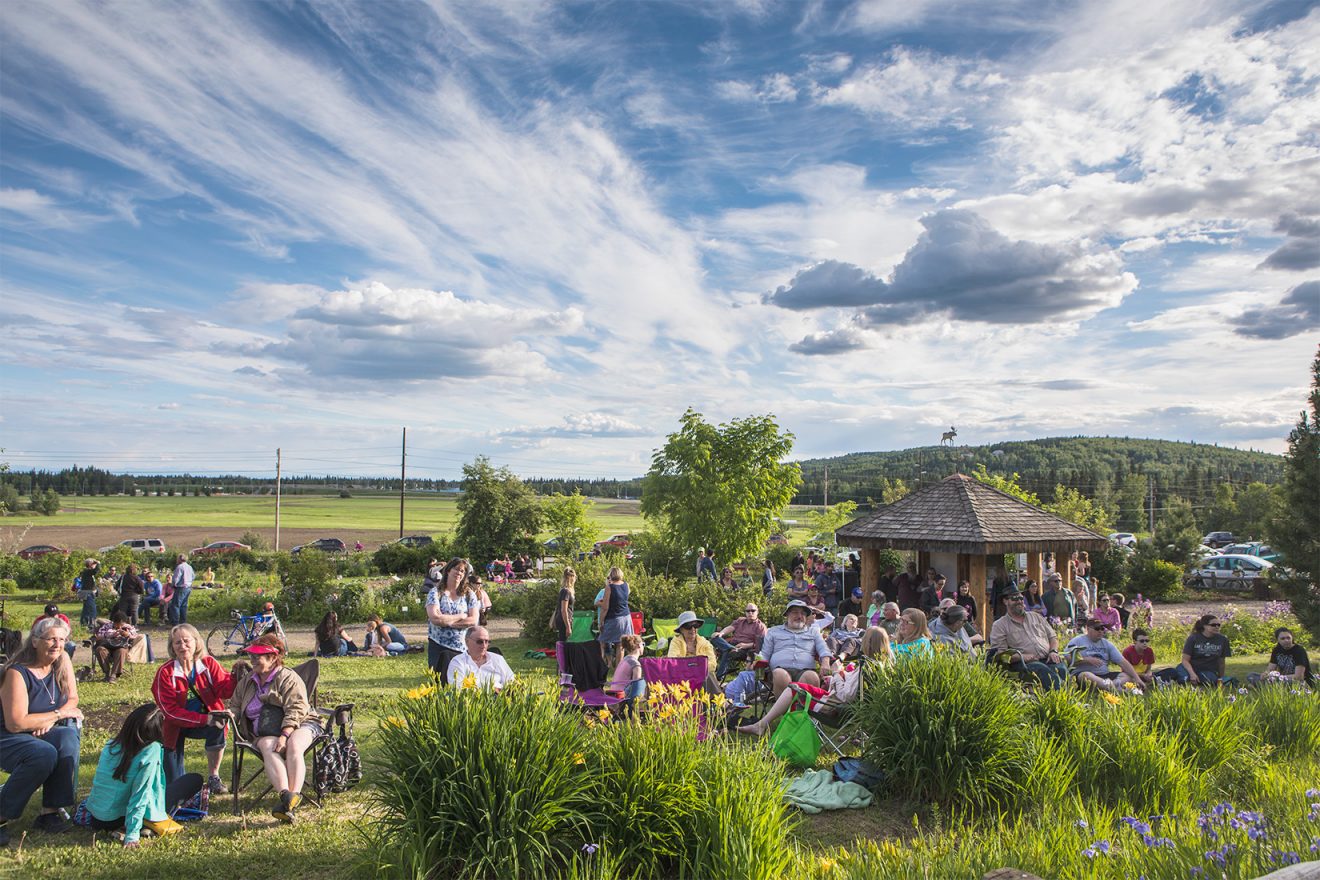 People gather at the Georgeson Botanical Garden for a musical performance in June 2017. UAF Summer Sessions arranges the Music in the Garden series of concerts on Thursday evenings in summer.
