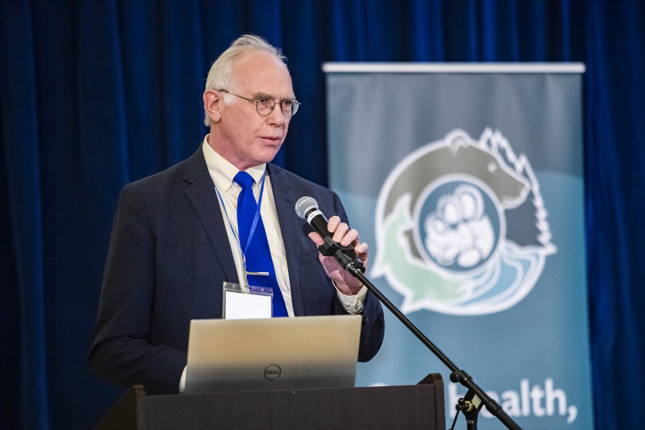 Larry Hinzman speaks during the One Health conference on the Fairbanks campus in April 2019.