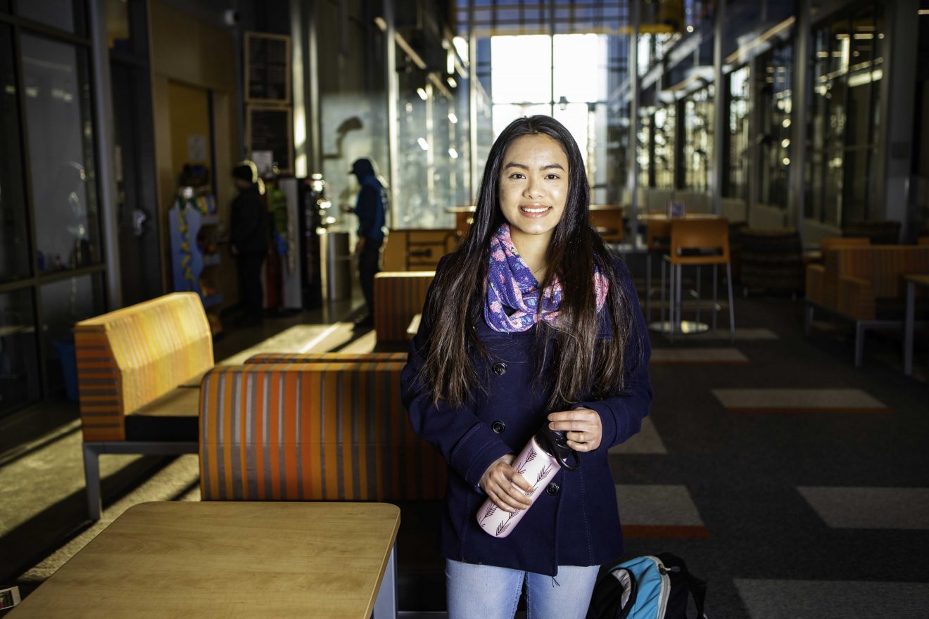 Rosalie Bertram stands near Java Joe's in the lobby of the Engineering and Learning Innovation Facilities