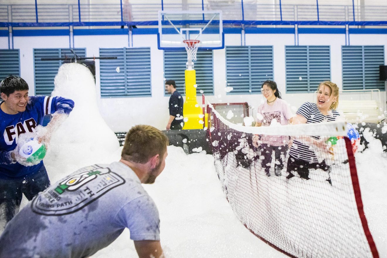 Students play a game of foam volleyball during this year’s SpringFest activities in the Student Recreation Center at the Fairbanks campus.