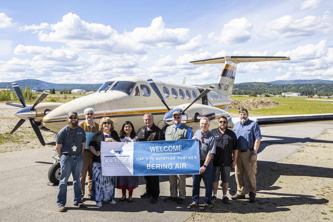 Members of Nanook Nation greeted a 1978 Beechcraft King Air 200 at the UAF CTC aviation facility located on the east ramp of Fairbanks International Airport. The $600,000 airframe was donated by Bering Air and will benefit aviation maintenance technology program students.