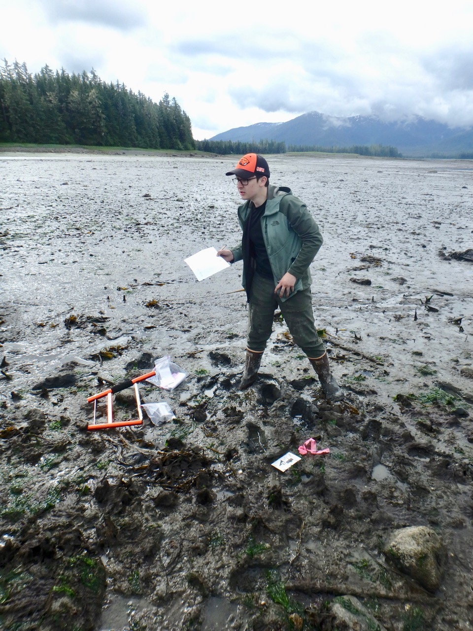 URSA student Michael Lorain conducts research on prehistoric fish weirs in southeast Alaska during summer 2018.