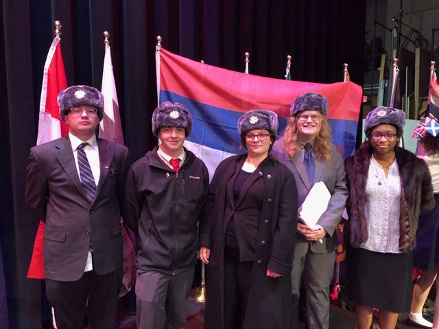 UAF students John Gentry, Joshua Navarro, Emma Ashlock, Matthew Wrobel and Malikah Hughes were the Russia delegates during the Model U.N. council meeting in February 2019.