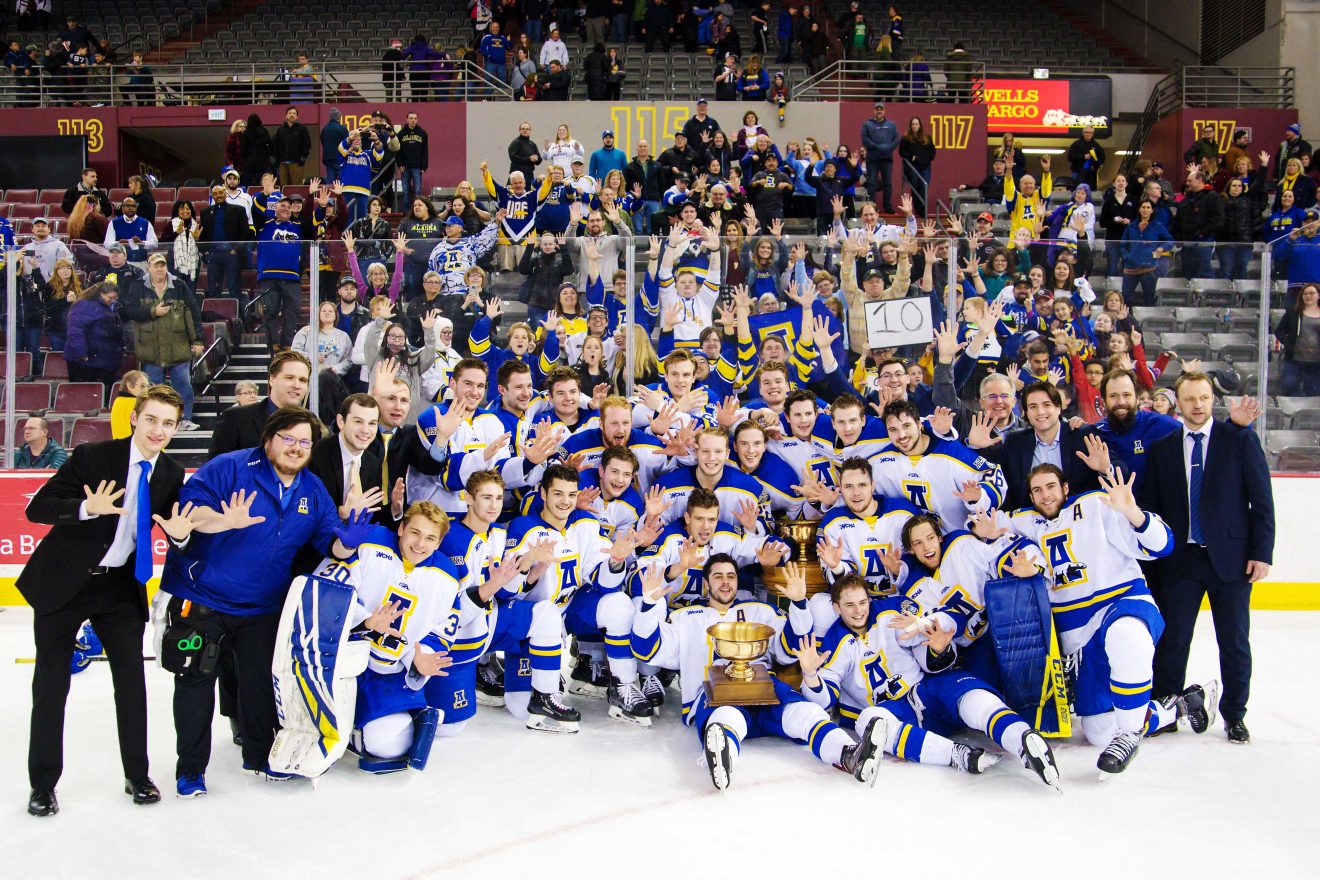 The Alaska Nanooks men's hockey team claims the 2019 Alaska Airlines Governor's Cup Saturday, March 2, at the Sullivan Arena in Anchorage. This marks their 10th straight victory. UAA photo by Skip Hickey.