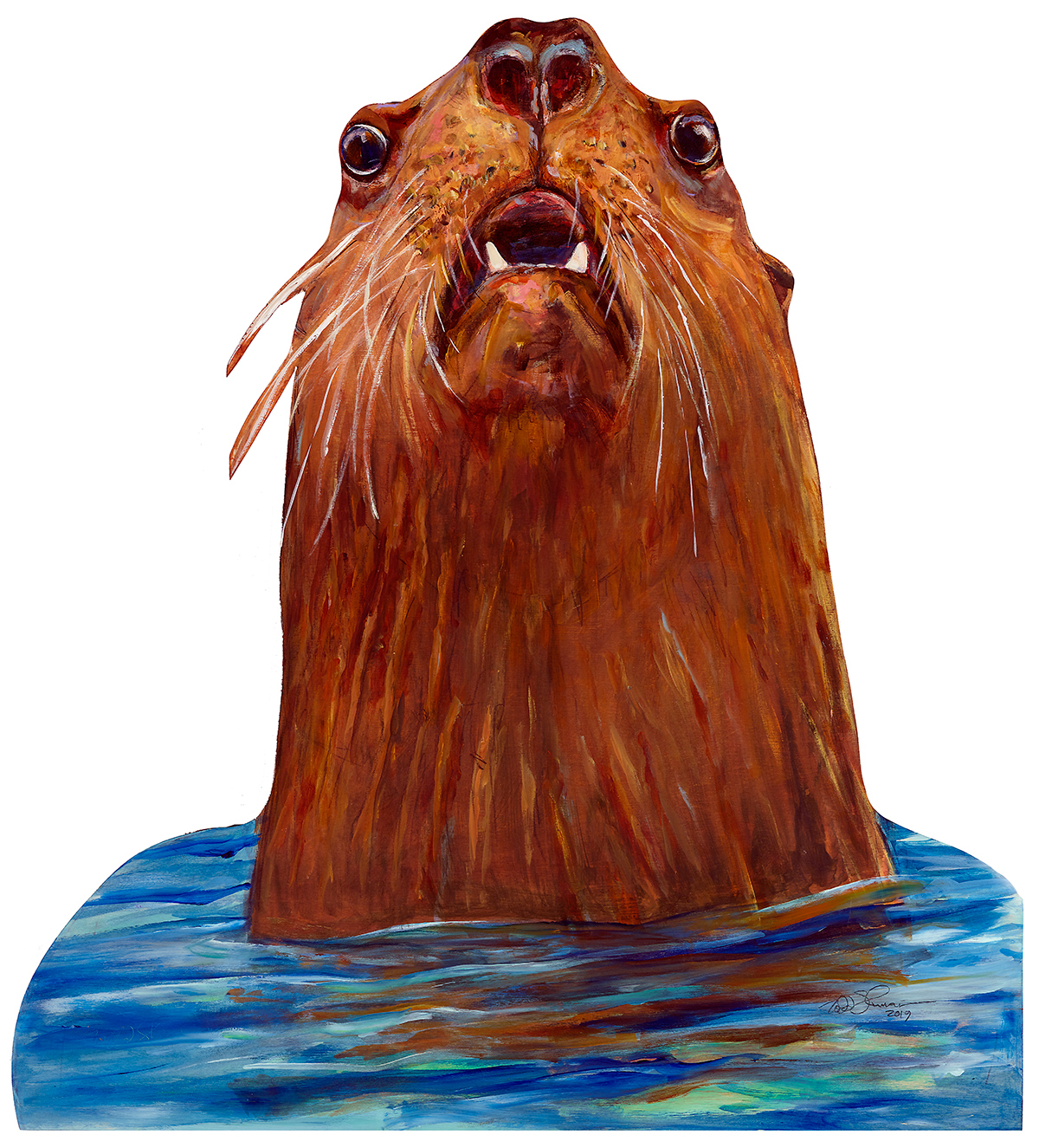 Artist's drawing of a Stellar sea lion bull's head emerging from blue water.