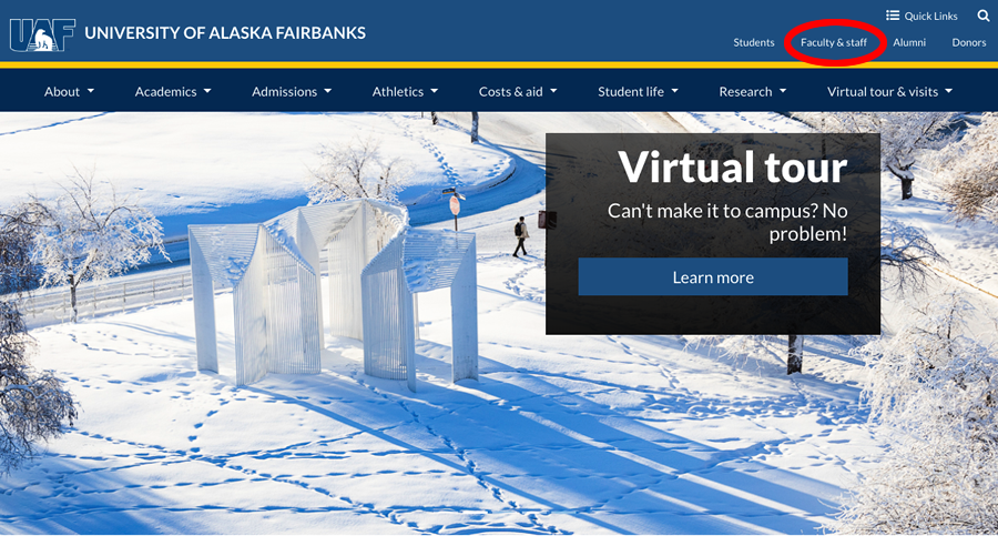 Screenshot of UAF home page with the Faculty and Staff link highlighted