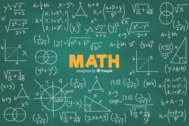 graphic image of chalkboard with math symbols and formulas written on it