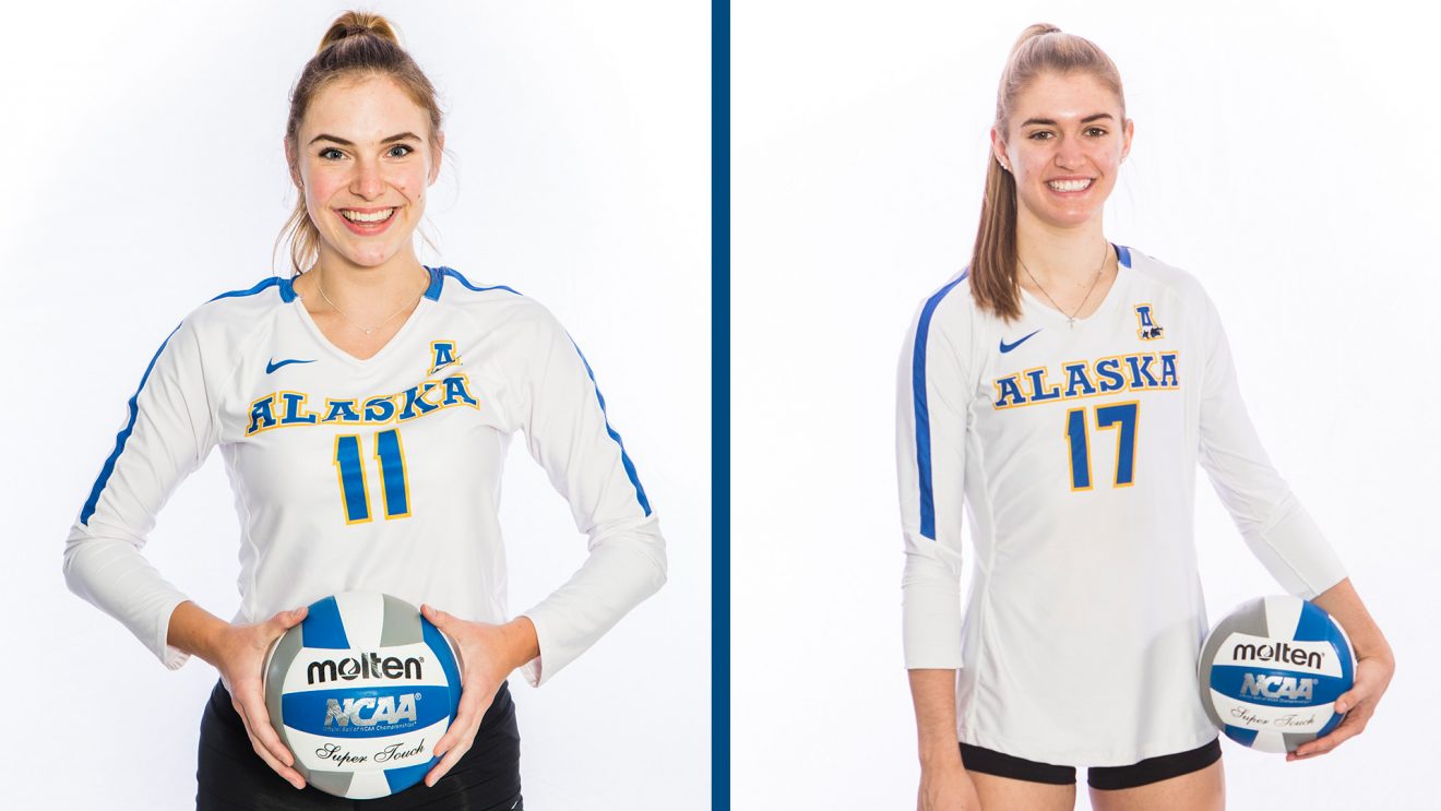 Side-by-side photos of Lahra Weber and Cate Whiting in their team uniforms and holding volleyballs