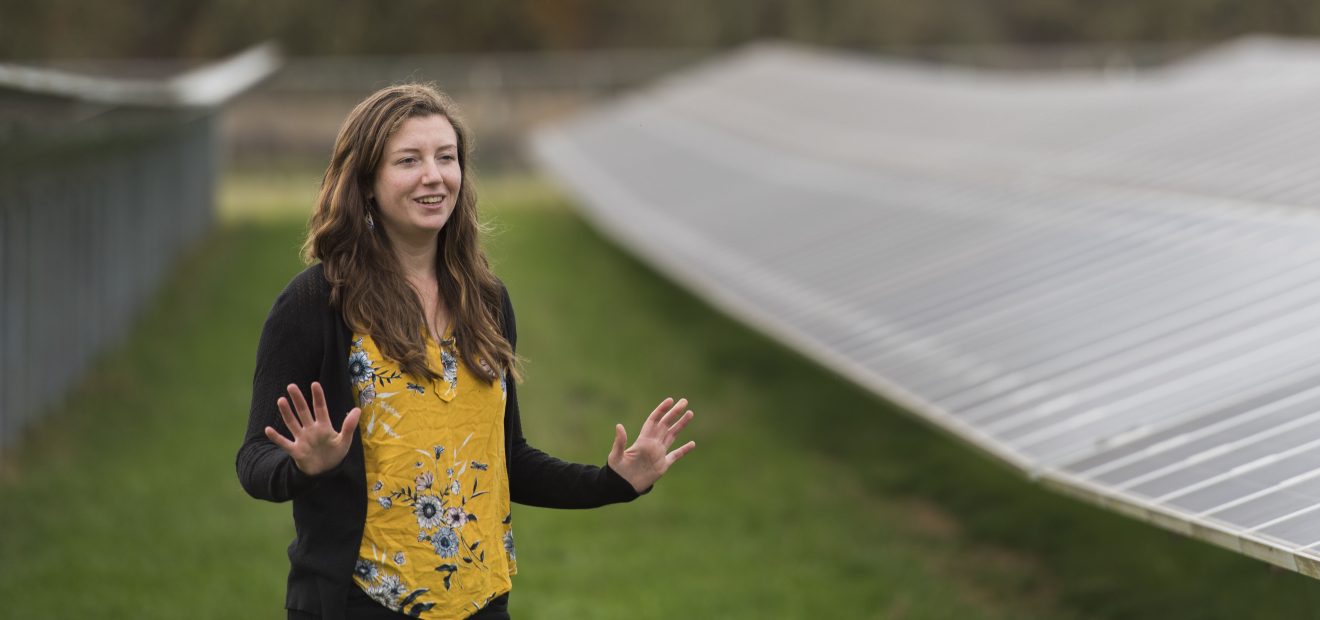 Photo of Phylicia Cicilio standing outside by long rows of solar panels.