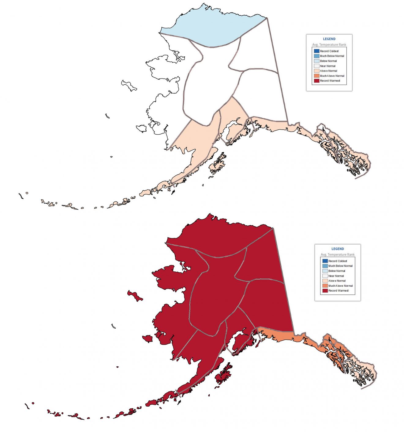 Images courtesy of International Arctic Research Center. Maps show the 13 climate divisions defined by Peter Bieniek and his team of UAF scientists and National Weather Service forecasters. The bottom map with its bright red coloring illustrates the record heat experienced around Alaska in 2019. The top map with cooler colors shows the temperature across Alaska in 1986, which was considered a typical year prior to the current warming trend.