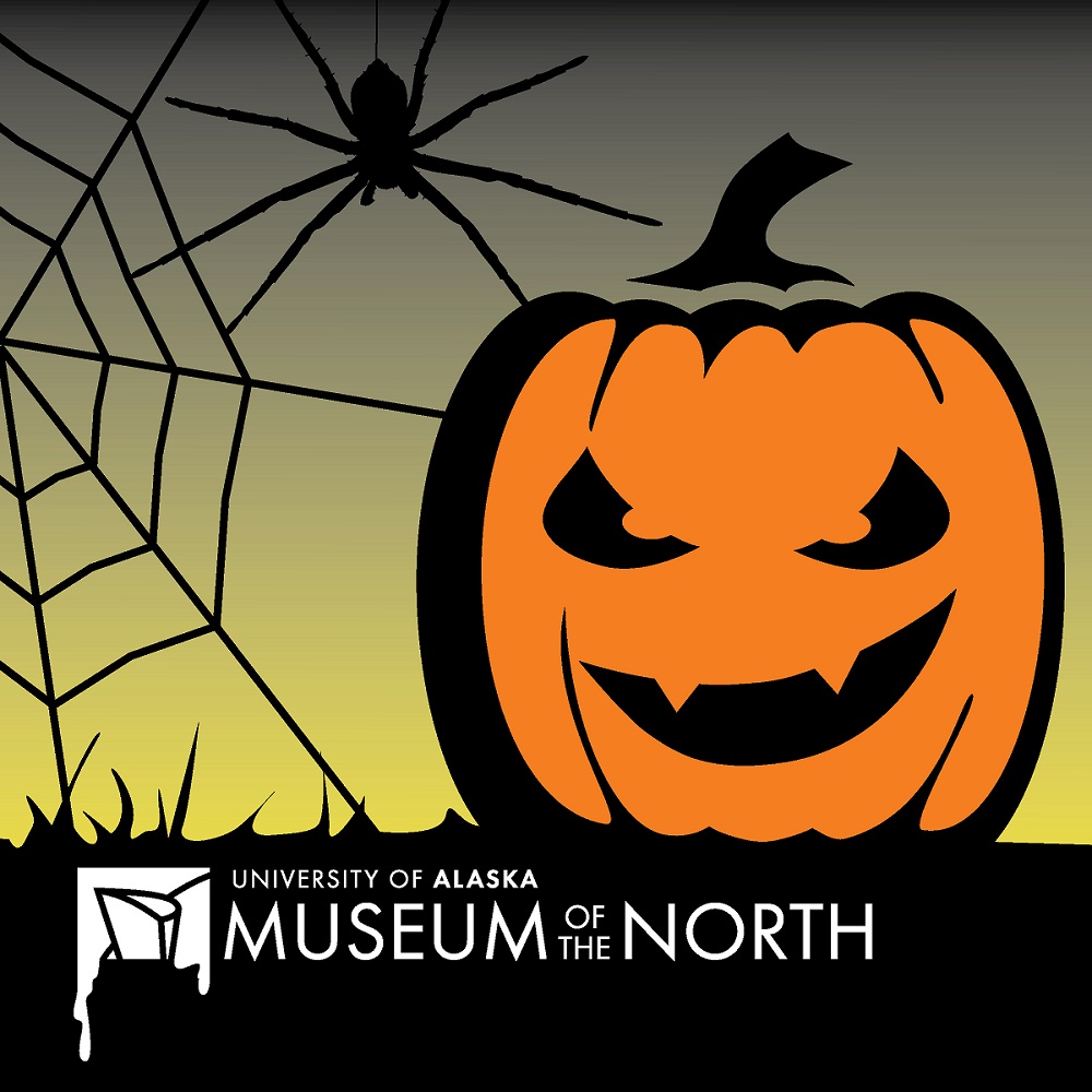 Graphic of jack-o-lantern and a spider in a web, with University of Alaska Museum of the North written at the bottom