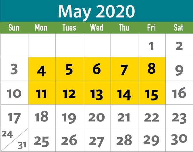 Picture of calendar, with May 4-15 highlighted in yellow.