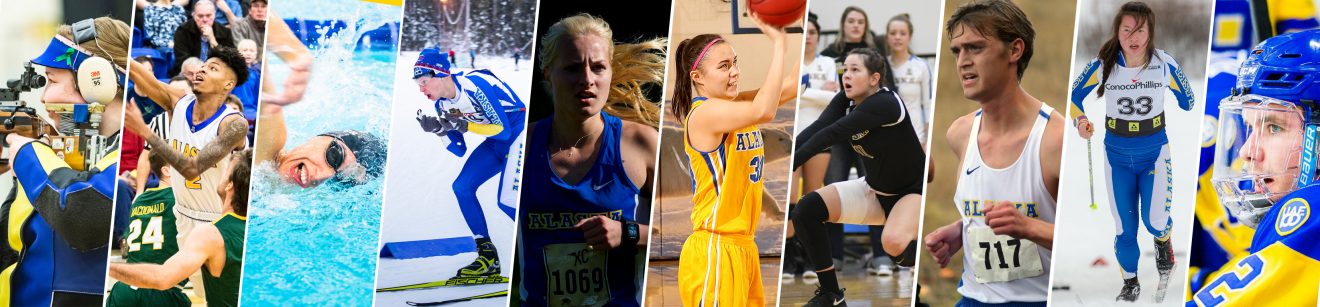 Compilation of images of athletes competing in rifle, basketball, swimming, skiing, running, volleyball and hockey