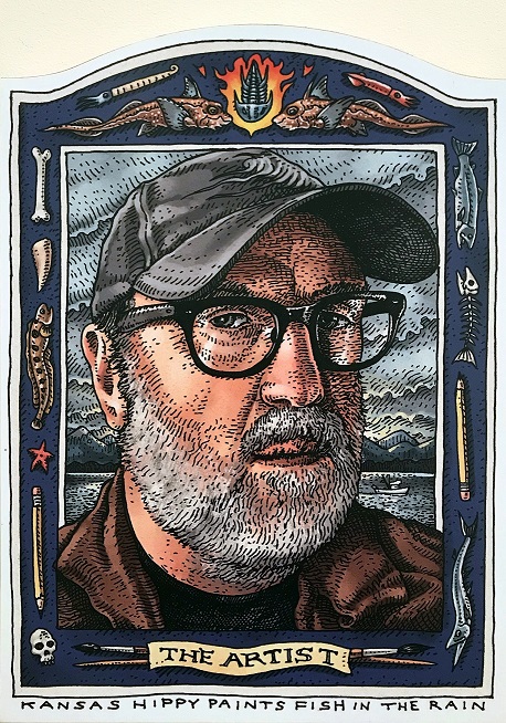 Painting of a man with a beard, glasses and cap. Words beneath say, "The artist. Kansas hippy paints fish in the rain." Drawings of fish, fish skeletons, paintbrushes and pencils form a frame around the man's portrait.