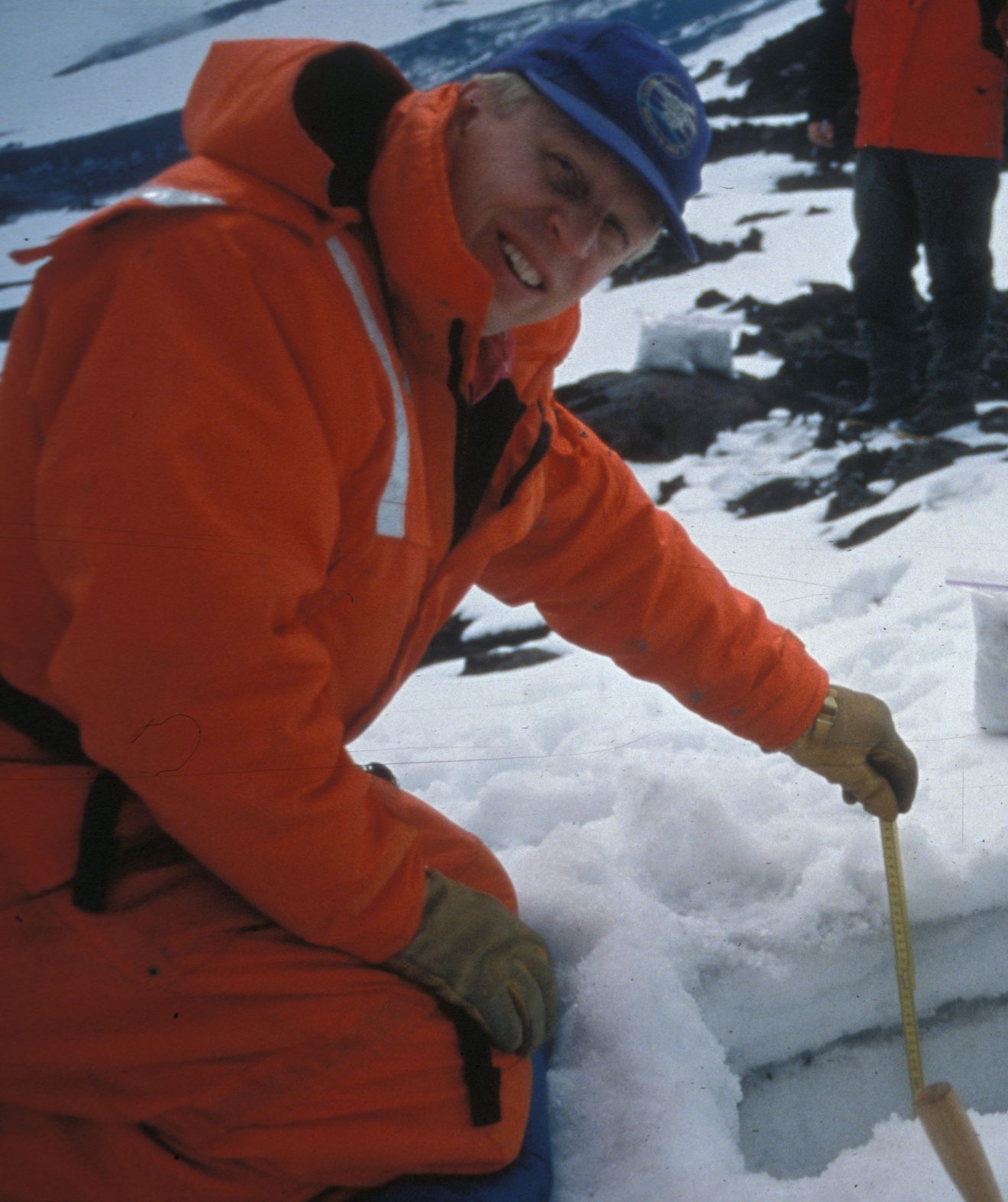 Guy Tytgat measuring ash on Shishaldin Volcano after an eruption there in the late 1990s. Alaska Volcano Observatory photo by Jim Beget.