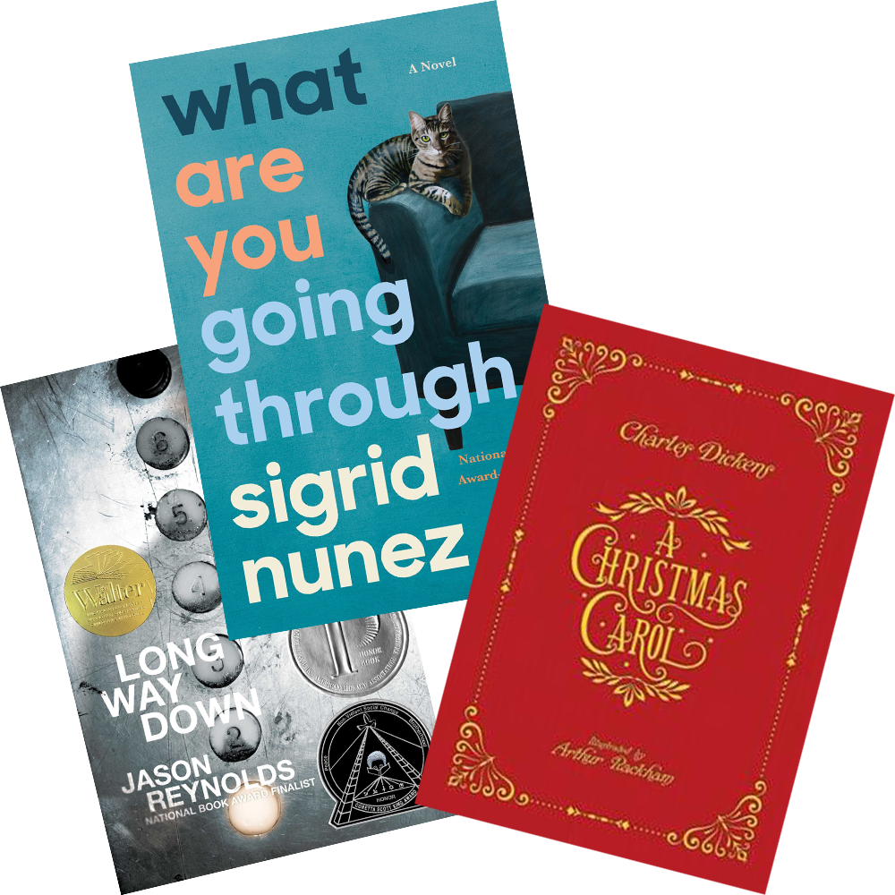 Three book covers of Long Way Down, What are you going through, and A Christmas Carol