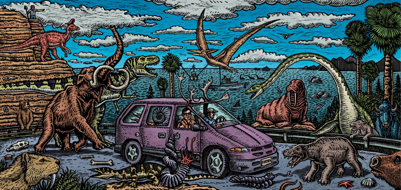 Artwork by Ray Troll showing a car with two men in it surrounded by dinosaurs and other prehistoric creatures.