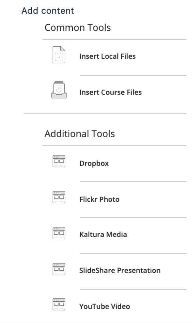 Options for adding content in Blackboard