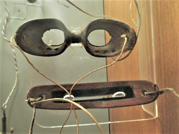 Museum of the North photo. Yup'ik snow goggles, worn to protect eyes from the glare of sunlight on snow, on display at the UA Museum of the North.