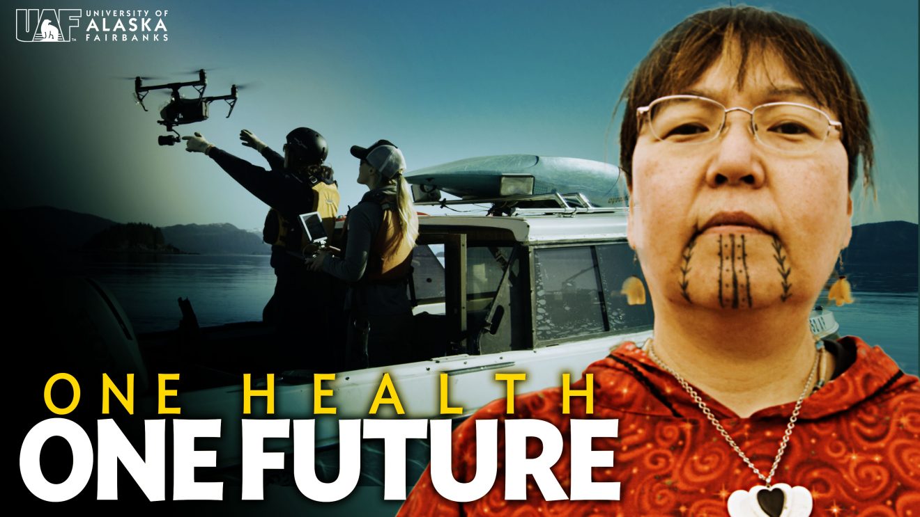Combined image still of an Inupiat woman with facial tatoo and two people launching a drone