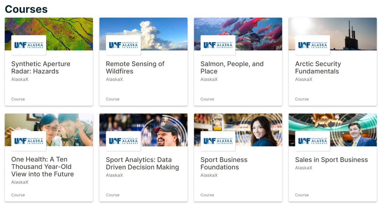 Two rows of four tiles showing the eight courses UAF offers on edX.