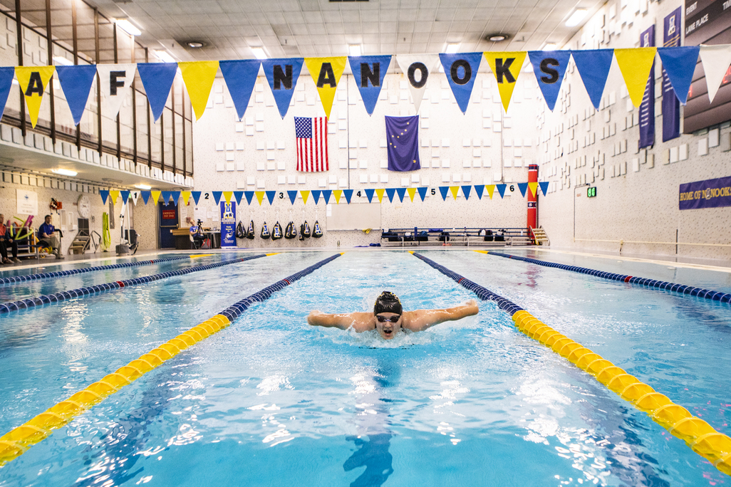 A member of the 2019-2020 Nanooks swim team practices in the Patty pool.