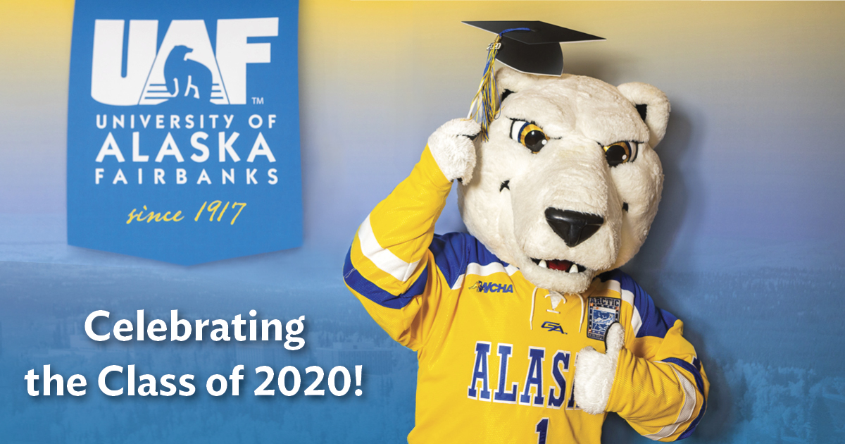 Commencement 2020 congratulations graphic with Nanook bear in graduation cap.