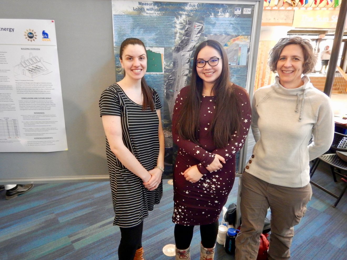 Three women stand in front of a board with two scientific posters on it. One poster is about energy, one is about LIDAR, but nothing more specific is visible.
