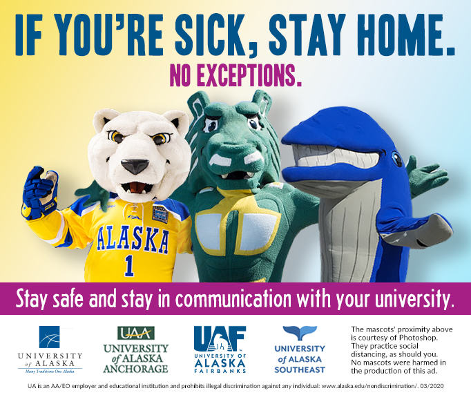 Flyer with university mascots and headline "If you're sick stay home. No exceptions."