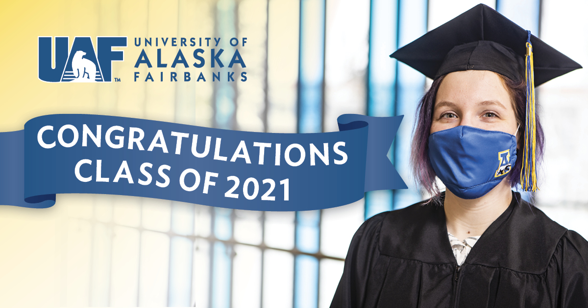 Graphic banner for commencement with masked woman in cap and gown