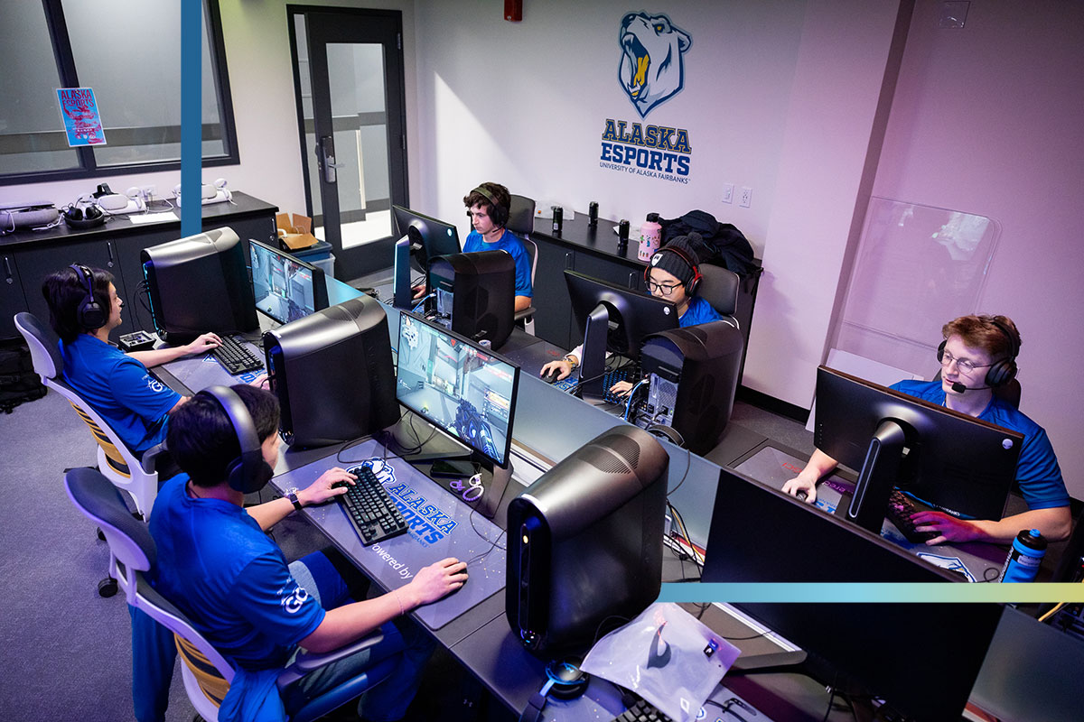 A group of UAF students at gaming PCs in the Esports Center