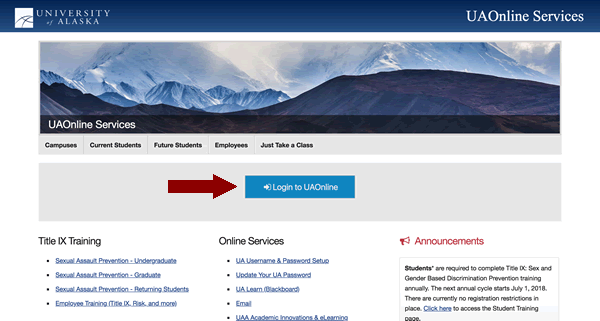 Screenshot of UAOnline home page with an arrow pointing to login button