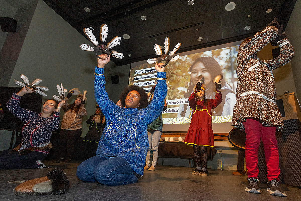 The Inu-Yupiaq UAF Student Dance Group performs during the UA Foundation Board of Directors Reception and Troth Yeddha' Indigenous Studies Center Initiative fundraising event at the University of Alaska Museum of the North Tuesday evening, September 13, 2022. UAF photo by Eric Engman.