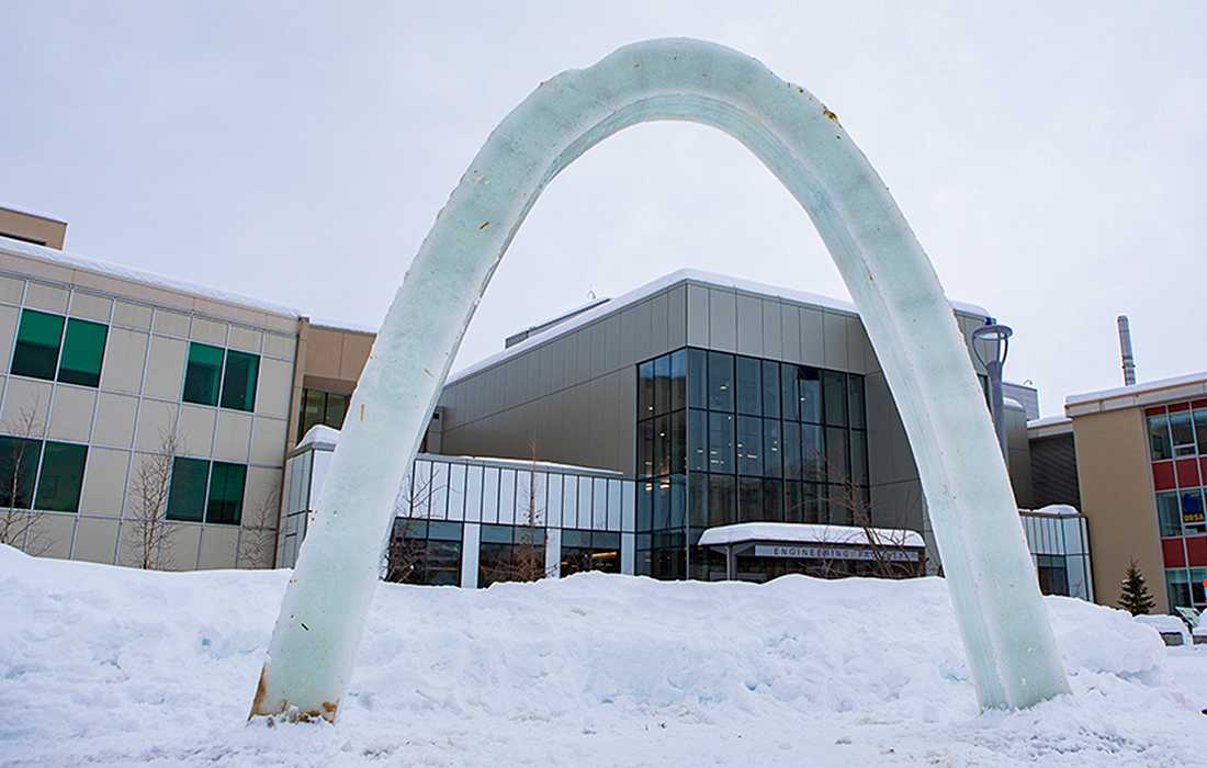 2022 ice arch located on lower UAF Campus. UAF Photo by Leif Van Cise.