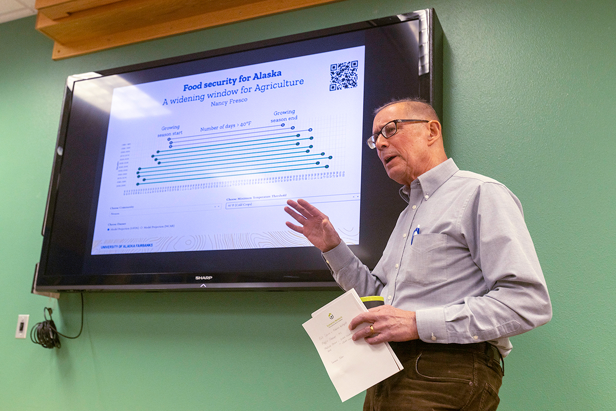 John Walsh, IARC Chief Scientist and Co-Lead on Alaska Center for Climate Assessment and Policy, gives a short presentation during the UA Board of Regents Showcase at the International Arctic Research Center on the UAF campus Thursday, November 10, 2022. UAF photo by Eric Engman.