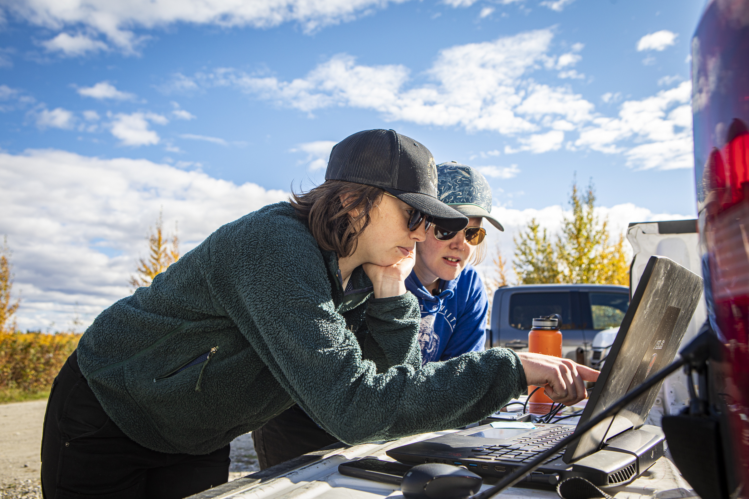 Researchers with the Alaska Center for Energy and Power use their new fixed-wing eBee X unmanned aerial vehicle to analyze erosion of the Tanana River with aerial photogrammetry at a test site near Nenana in September 2021. UAF photo by Leif Van Cise.