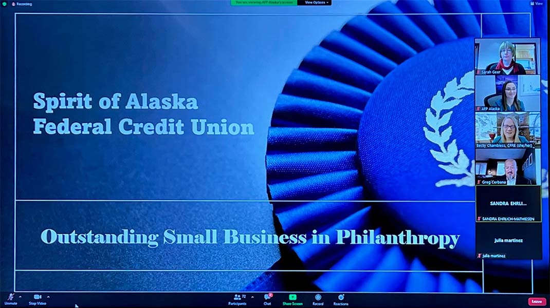 Screen shot of the AFP Outstanding Small Business in Philanthropy Award announcement. 