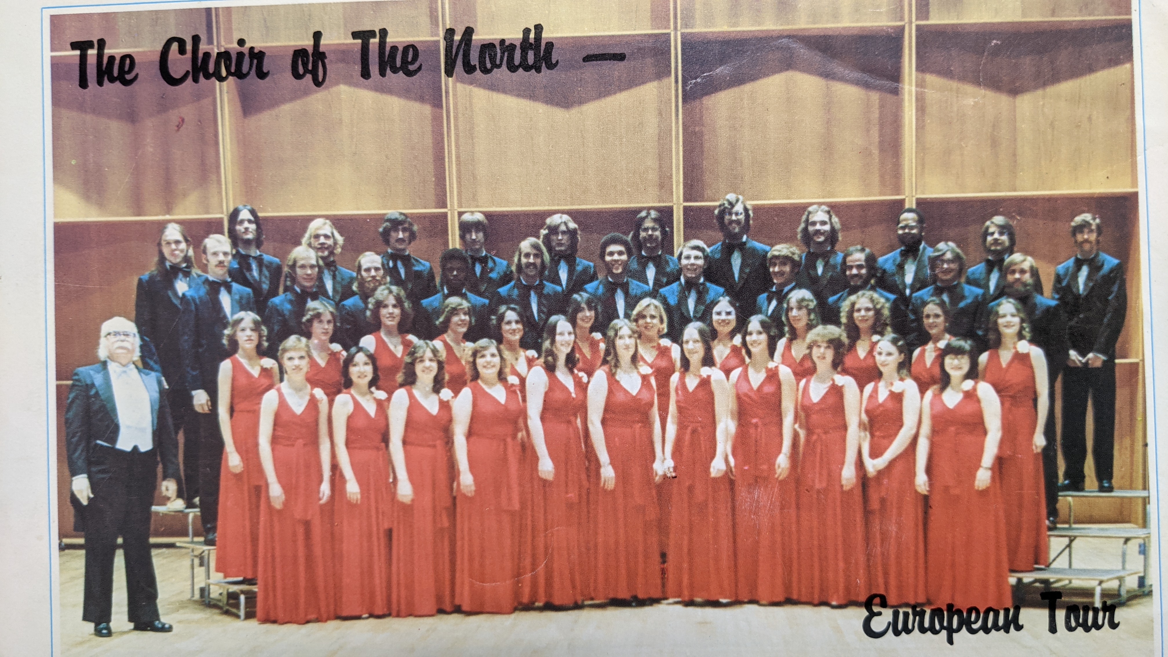 Charles Davis, UAF music professor and Choir of the North director, stands with the 1978 ensemble, which toured Europe. Steve Holmberg is second from the right in the lower row of men. Photo courtesy of Steve Holmberg.