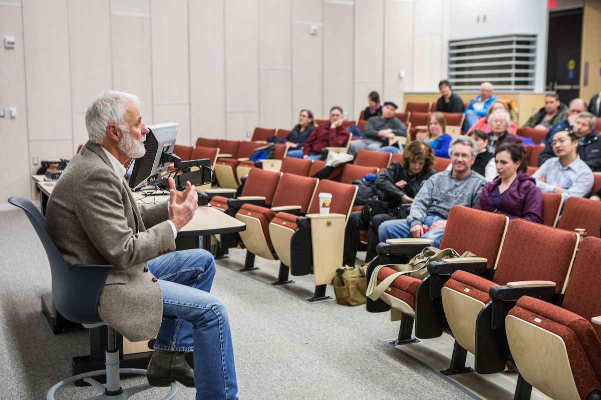 Snedden Chair Richard Murphy of the Journalism Department speaks about his winter project at the Murie Building. UAF Photo by JR Ancheta