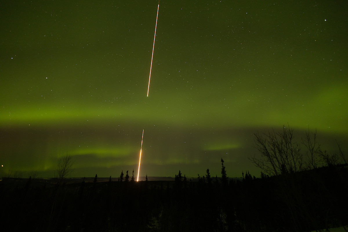 The second rocket from the AWSOME research project led by Mark Conde takes flight out of Poker Flat Research Range. UAF Photo