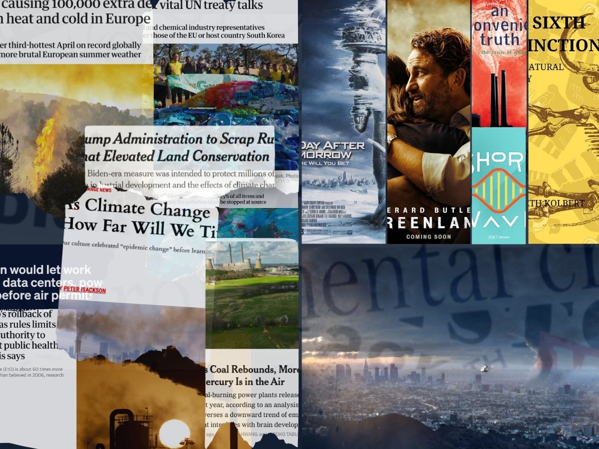 Collage of news articles and media addressing climate change