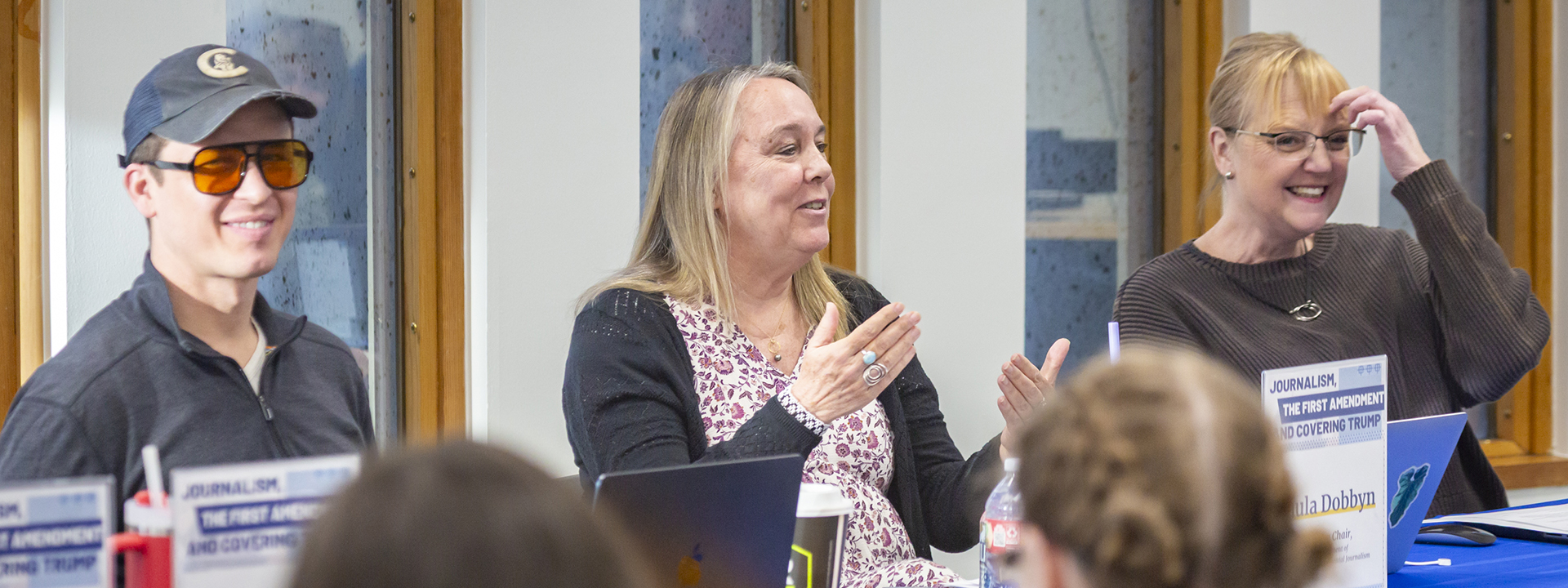 Colin Warren, Paula Dobbyn and Lynne Snifka are part of a panel on journalism, first amendment rights and reporting under the Trump administration in April 2025. (left to right)UAF Photo by Sarah Manriquez