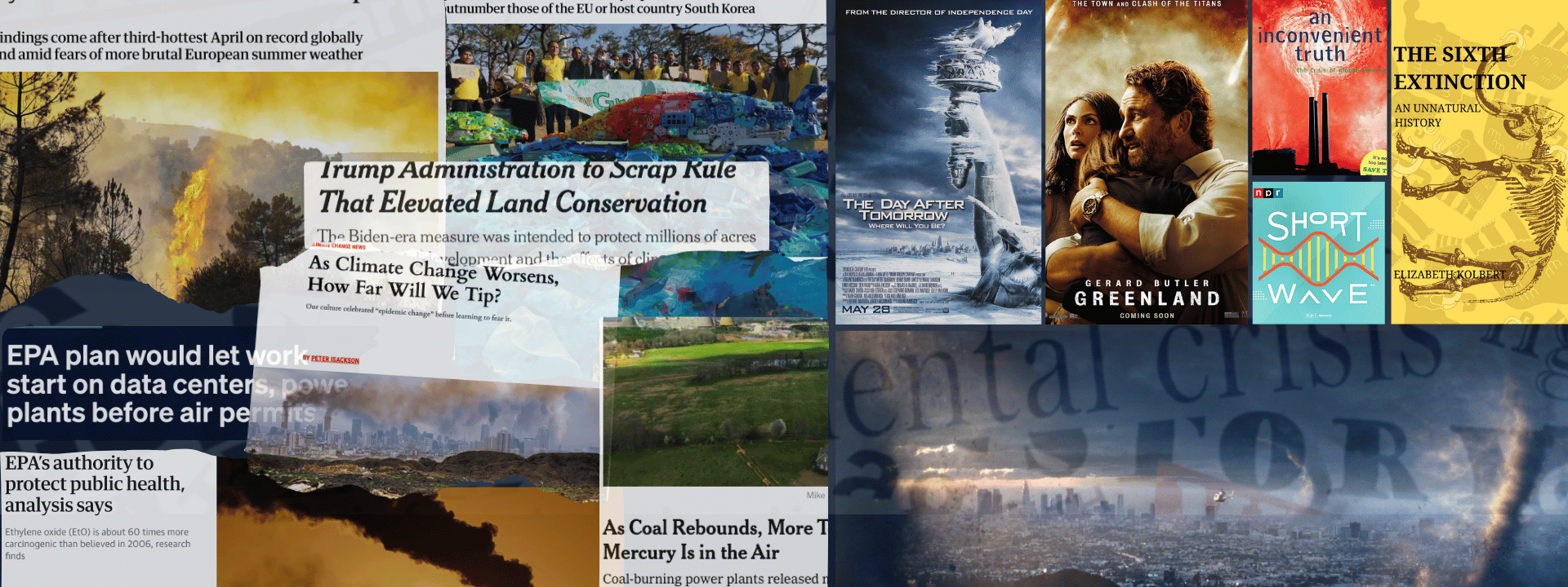 Collage of environmental-focused media, including news headlines, movies, books and podcasts. Stock images