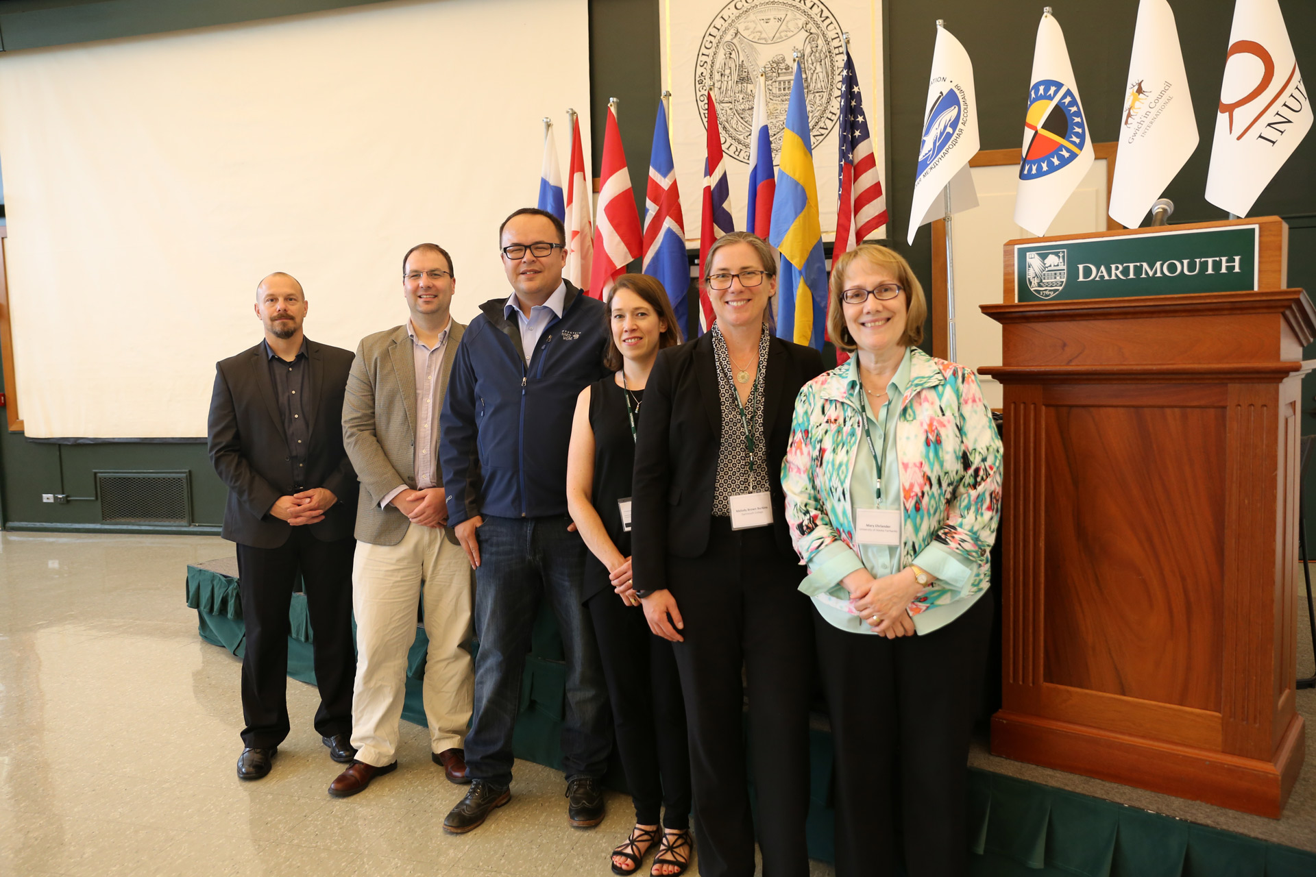 “Arctic Science Diplomacy and Leadership Workshop & Model Arctic Council” program organizers with Gwich'in Council International delegate to the Arctic Council, from left: Troy Bouffard, Brandon Boylan, Edward Alexander, Leah Sarson, Melody Brown Burkins, and Mary Ehrlander