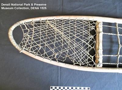 Close-up of front part of snowshoe, showing the sinew webbing. The background is black.